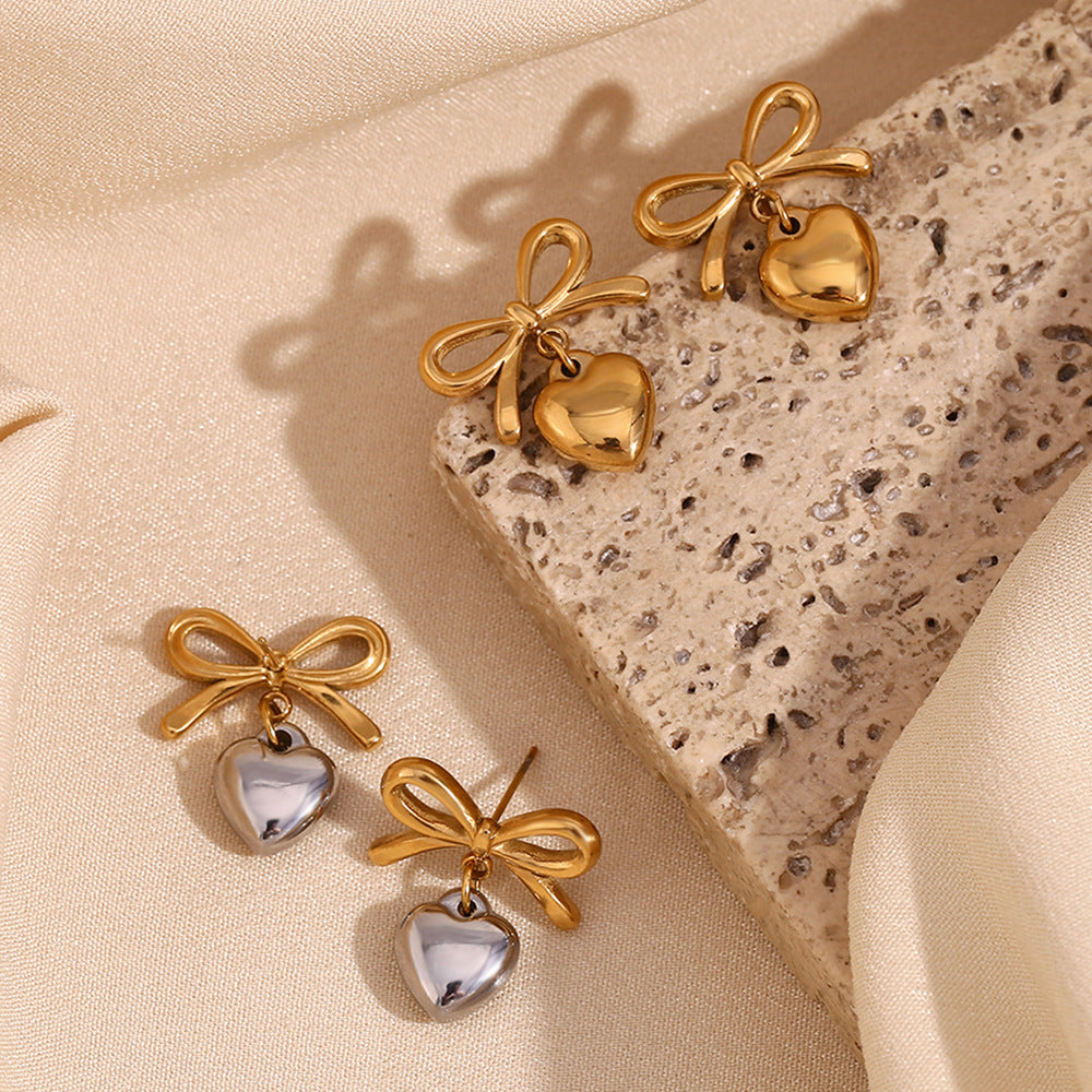 Orecchini da Donna in Acciaio Inossidabile con Fiocco e Cuore, Placcati Oro 18K, alla Moda