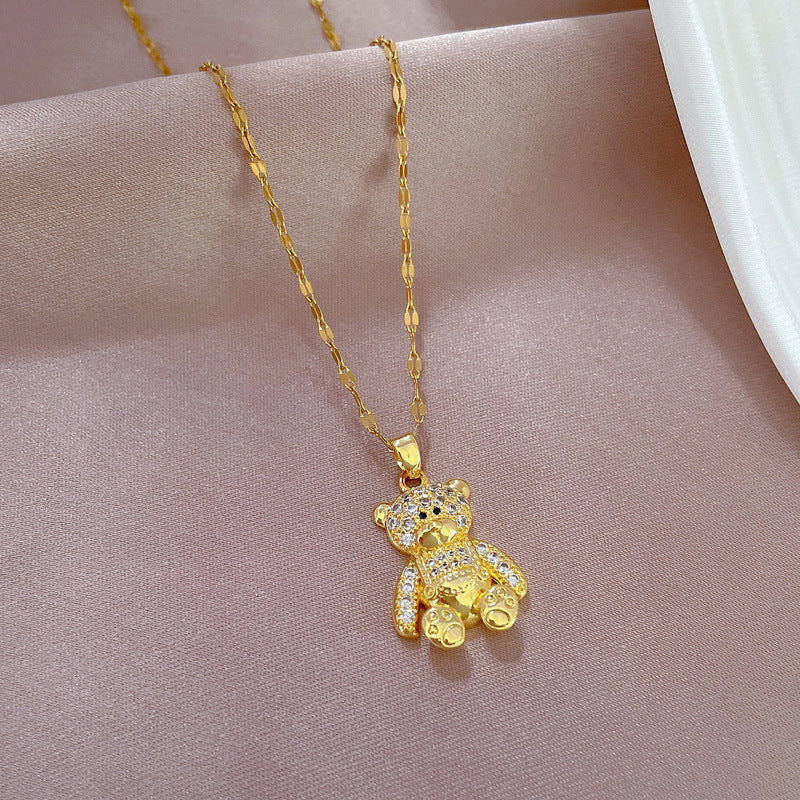 Collana con ciondolo a orso minimalista in acciaio inossidabile con intarsio in strass, delicata catena clavicola per donne e uomini