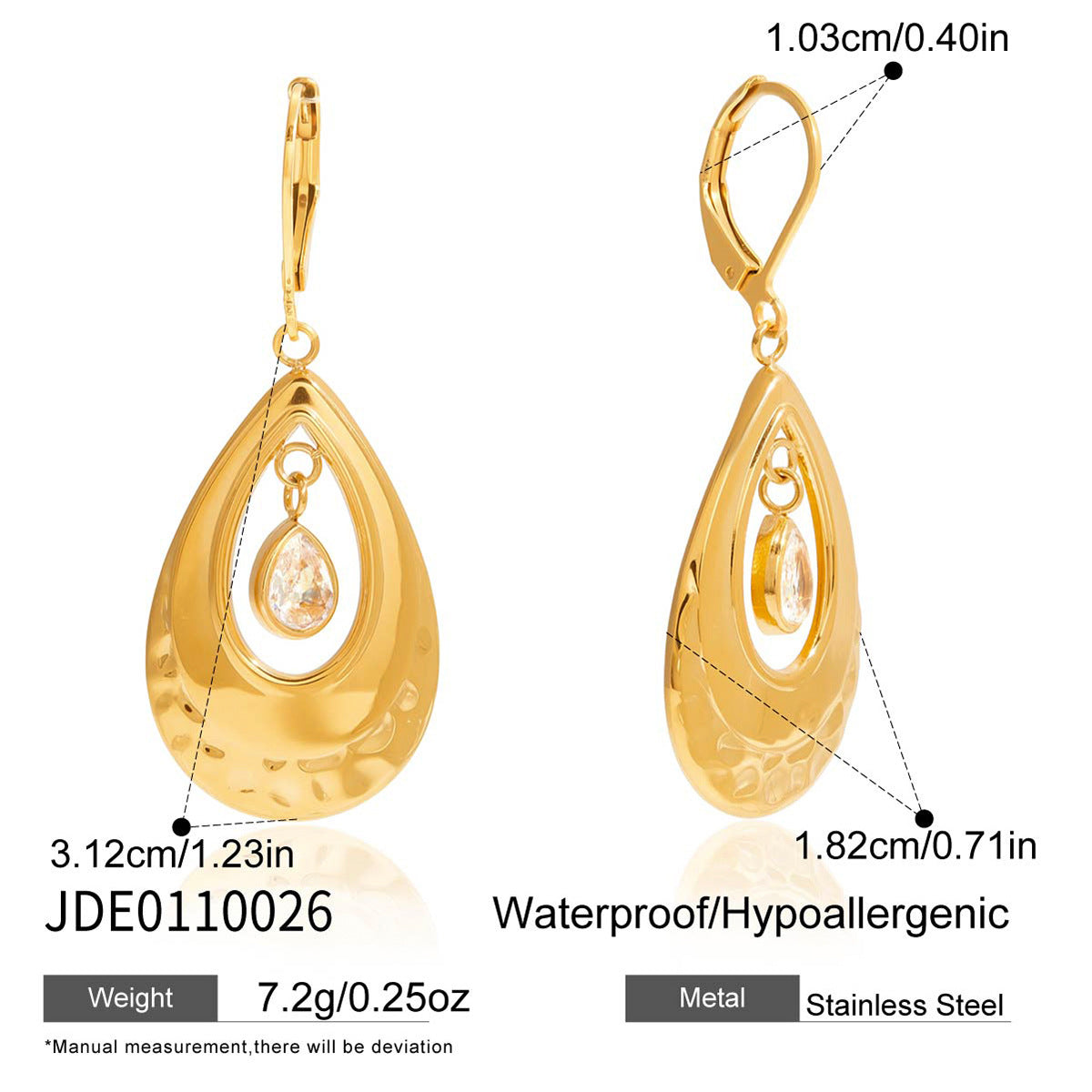 Orecchini a Cerchio da Donna Lusso Geometrico a Goccia in Zircone Acciaio Inossidabile Placcato Oro 18K