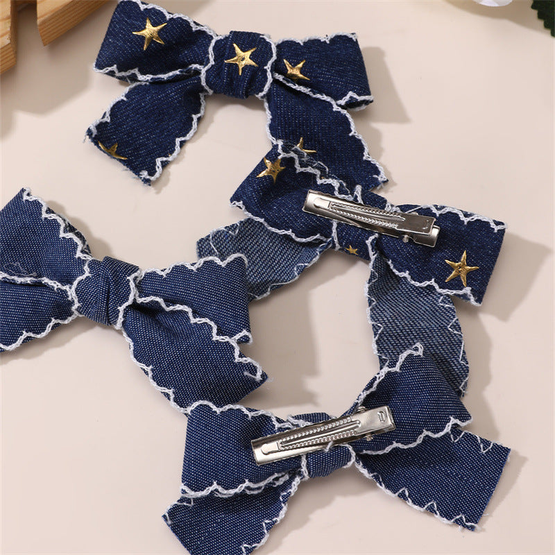Retro Star Denim Bow Duckbill Hair Clip for Girls with Ruffled and Mesh Details