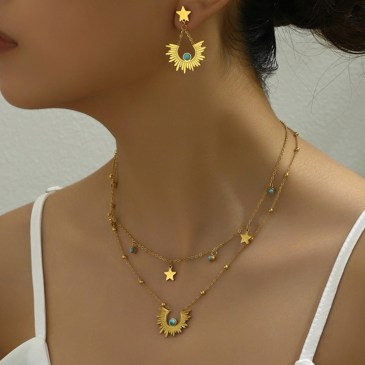 Juego de collar y pendientes de cobre con incrustaciones de turquesa floral de moda para mujer con diseño de pétalos