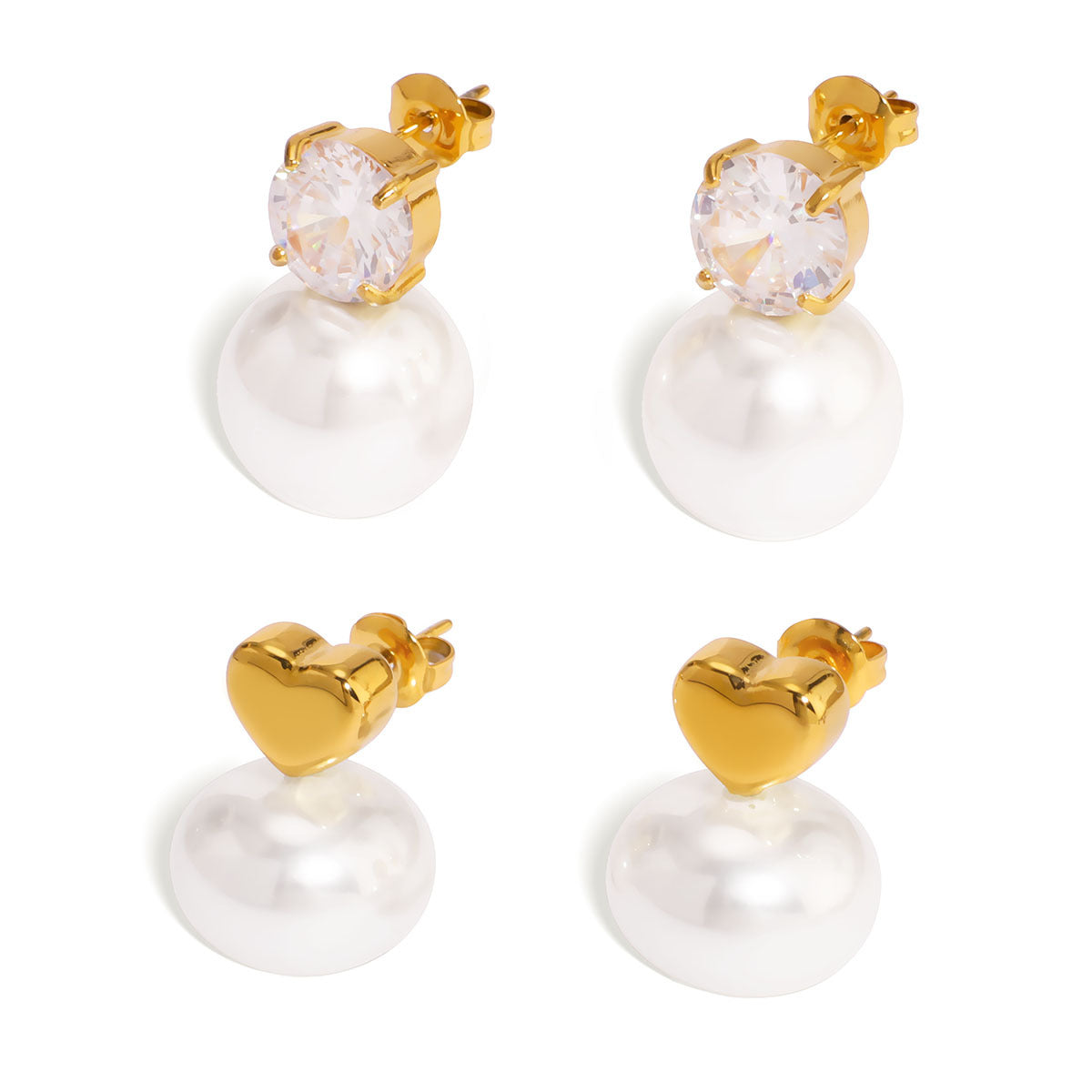 Orecchini a Cuore Geometrico in Acciaio Inox con Placcatura Oro 18K, Accenti di Perle e Intarsi in Zirconi per Donne