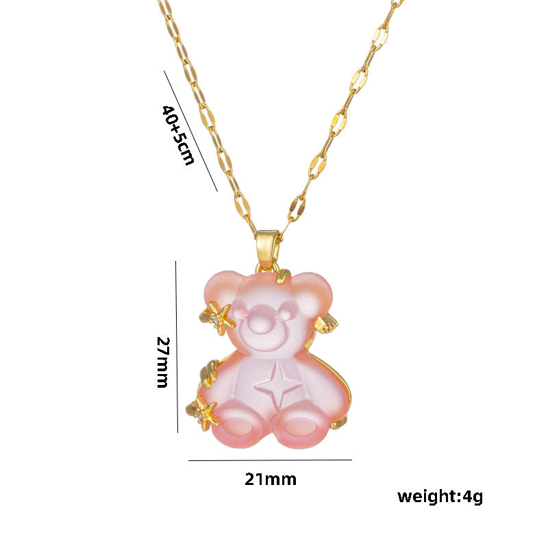 Collana minimalista da donna con orso e stella, in acciaio al titanio con placcatura in oro su catena ondulata