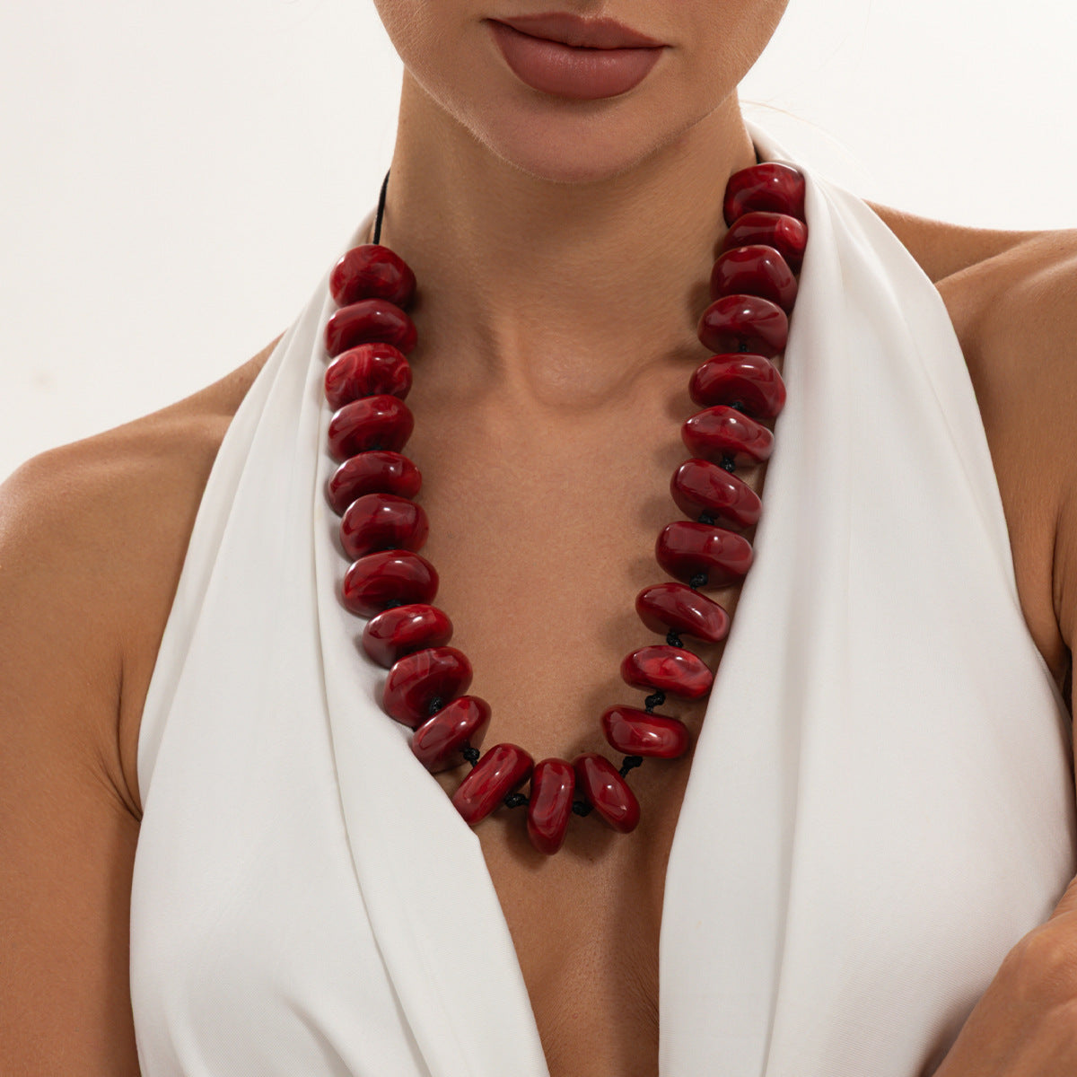 Bohemian Geometric Gradient Acrylic Beaded Necklace Adjustable Wax Cord Women's Jewelry