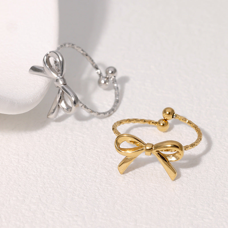 Cute Bow-Shaped Adjustable Open Ring in Stainless Steel with Gold Plating for Women