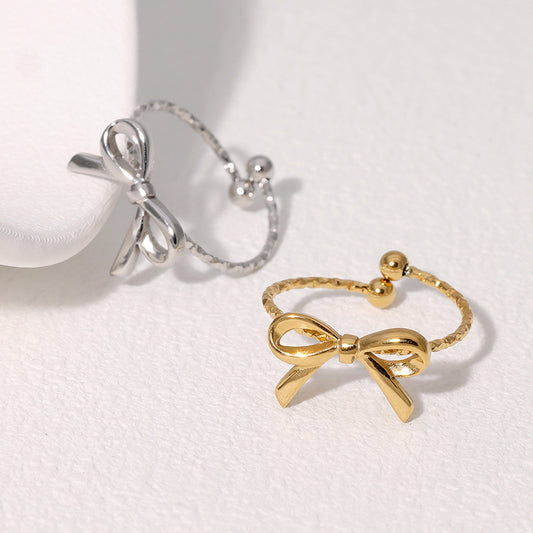 Lindo Anillo Abierto Ajustable en Forma de Lazo de Acero Inoxidable con Baño de Oro para Mujer