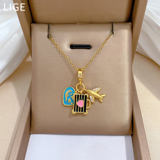 Collar de Acero de Titanio Esmaltado con Forma de Corazón Estilo Caricatura para Mujer con Detalles Completos de Diamantes de Imitación y Delicada Cadena para Clavícula