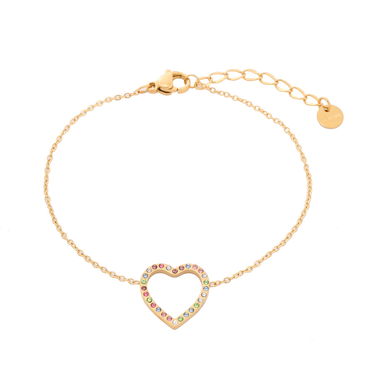 Bracciale da donna in acciaio inossidabile a forma di cuore cavo, alla moda e minimalista, con strass micro-incastonati e finitura placcata