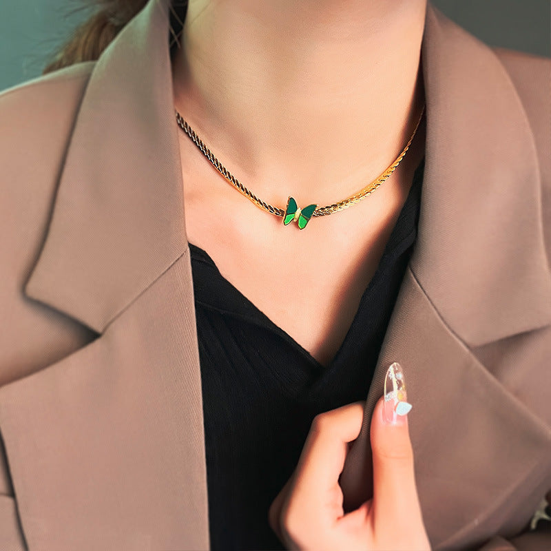 Sweet-Edgy Butterfly Pendant Necklace for Women in Titanium Steel with Plated Finish, Twist Plate Chain, Insect-Inspired Design