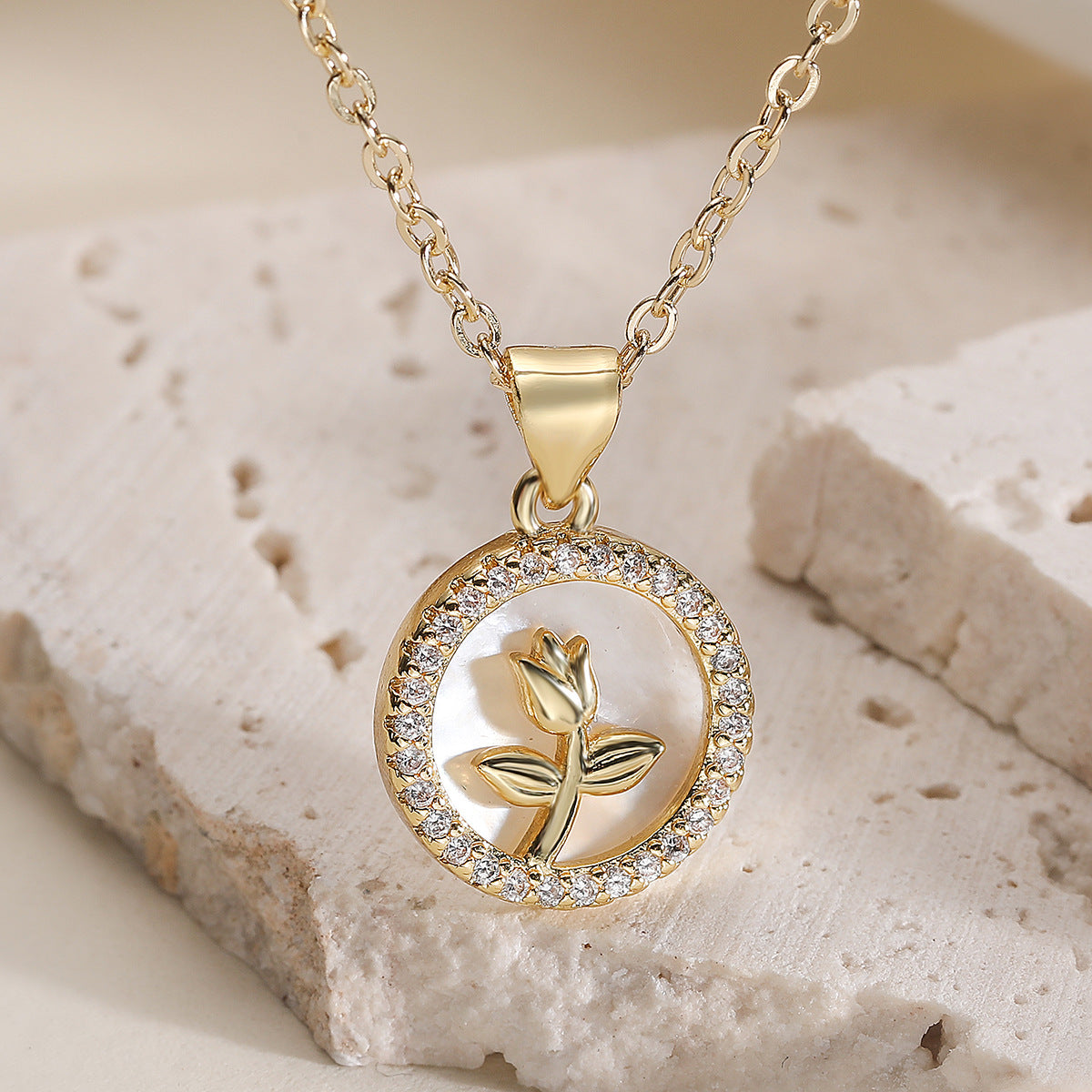 Minimalist 18K Gold Plated Brass Round Shell Flower Angel Pendant Necklace with Cubic Zirconia