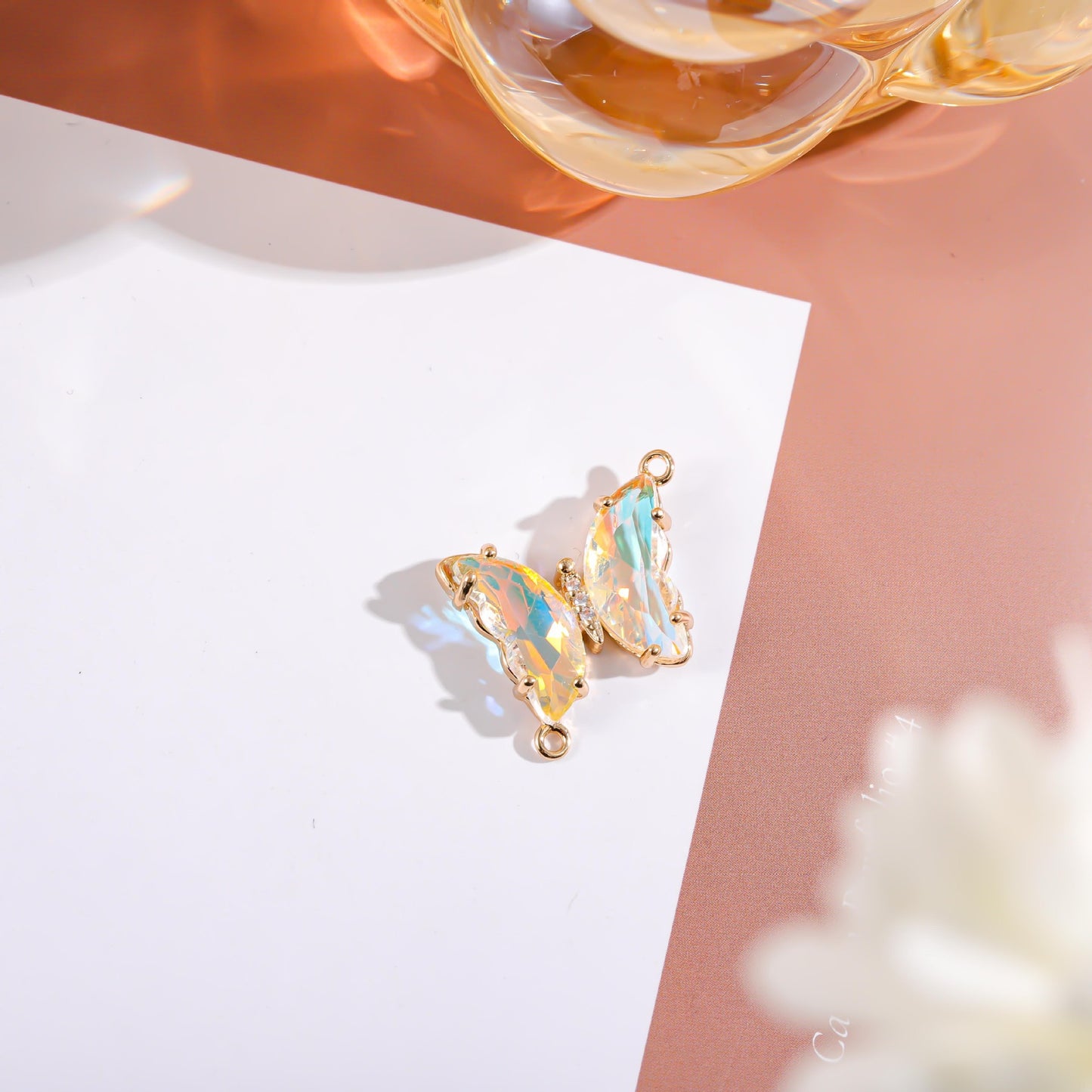 Sweet Gradient Glitter Crystal Butterfly Double Pendant Brass Plated Charm Bar