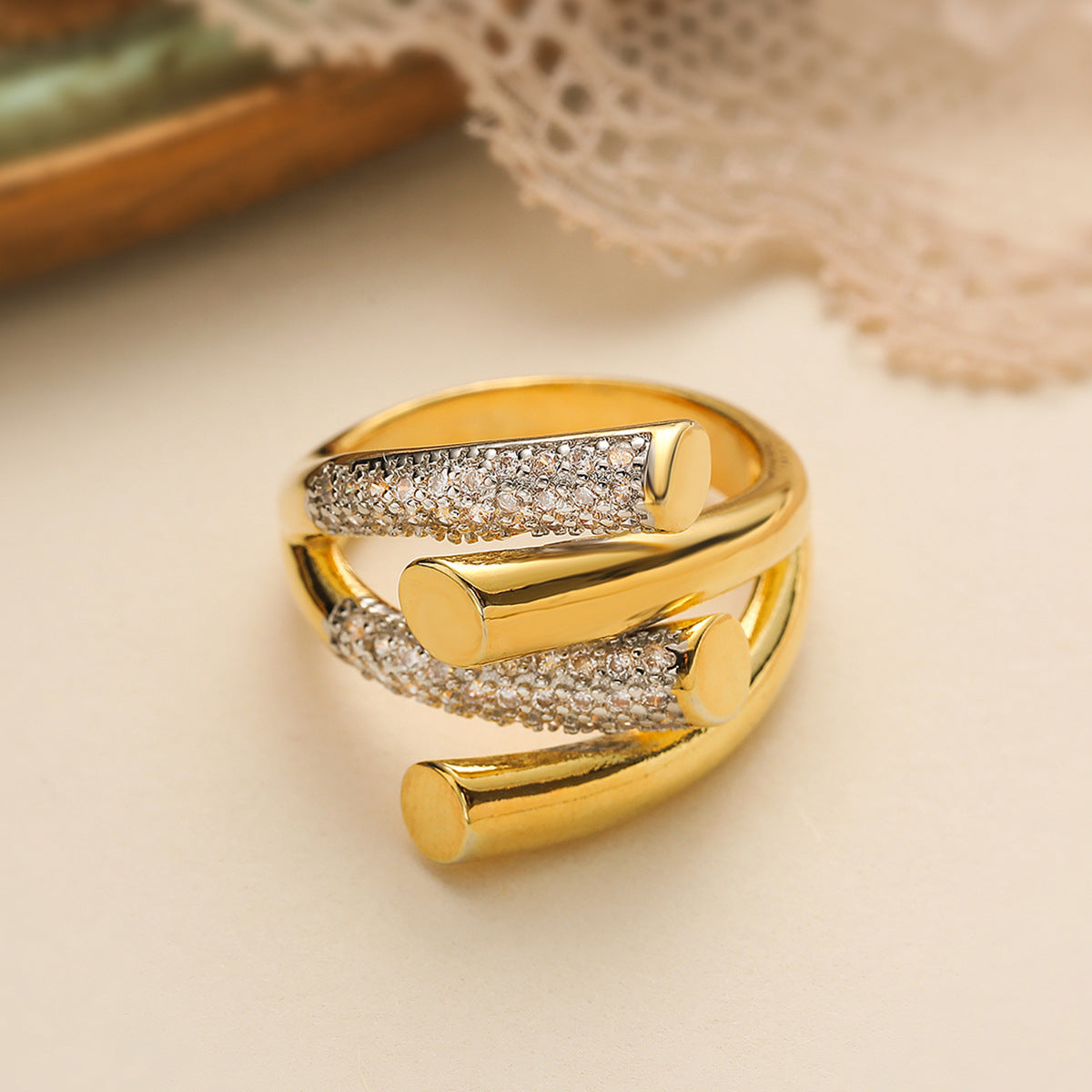 Fashionable Irregular Geometric Ring for Women in Copper with Micro-Pave Zirconia Plating