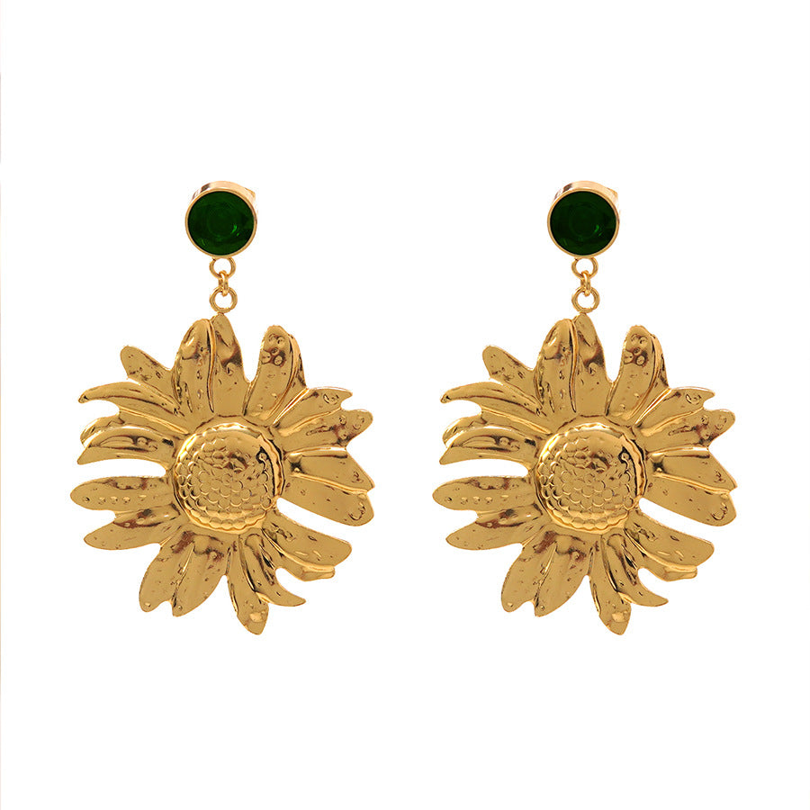 Orecchini a perno esagerati vintage in acciaio inossidabile con girasole intarsiato di strass per donna