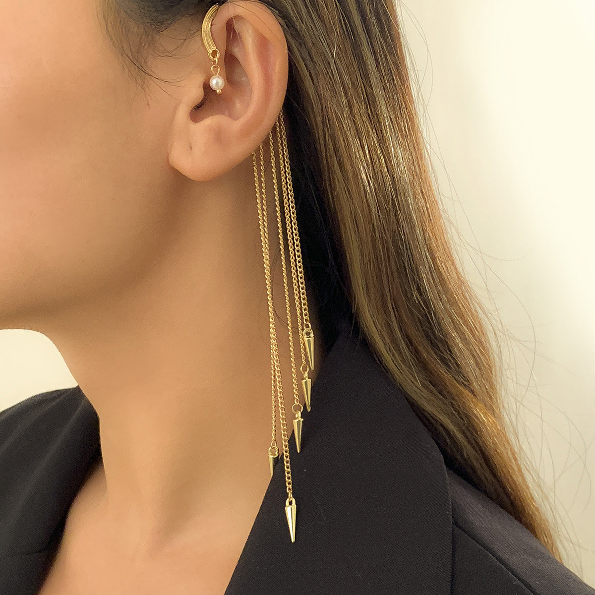 Sweet Geometric Alloy Plated Pearl Tassel Ear Cuff for Women