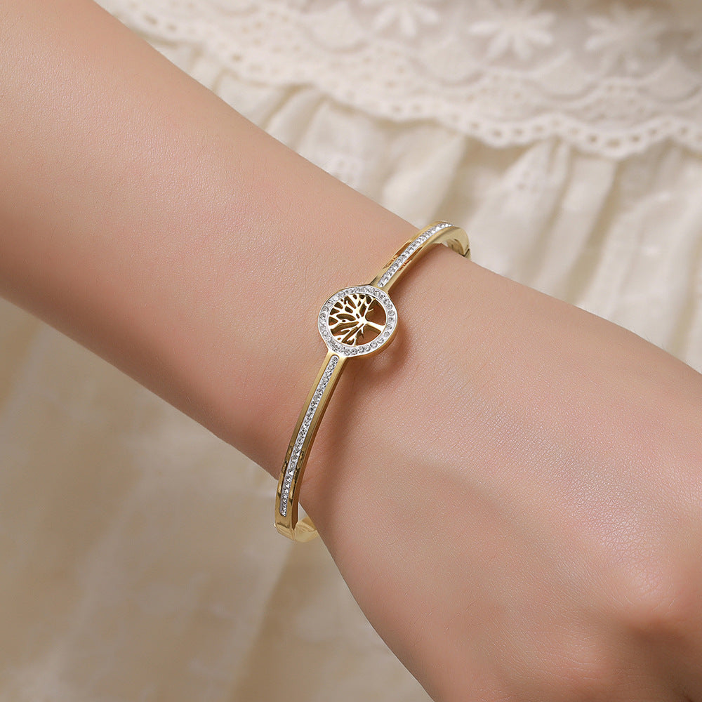 Paved Cubic Zirconia Geometric Round Tree of Life Titanium Steel Bracelet Unisex