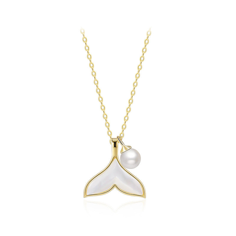 Collana da donna con coda di sirena e ciondolo in madreperla, catena a medaglione in acciaio al titanio, finitura placcata, design minimalista e di ispirazione vintage