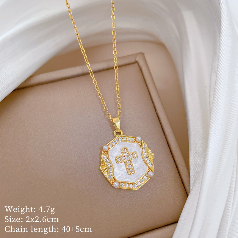 Sweet Minimalist Cross Micro-Inlaid Cubic Zirconia Brass Pendant Titanium Steel Necklace for Unisex