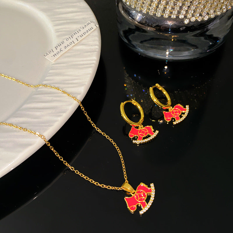 Sweet Sporty Micro-Paved Cubic Zirconia Red Horse Animal Pendant Titanium Steel Necklace with Matching Earrings