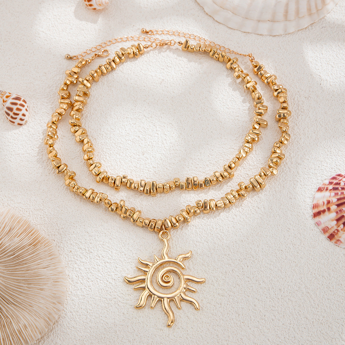 Hammered Sun Geometric Alloy Plated Pendant Necklace with CCB Beads