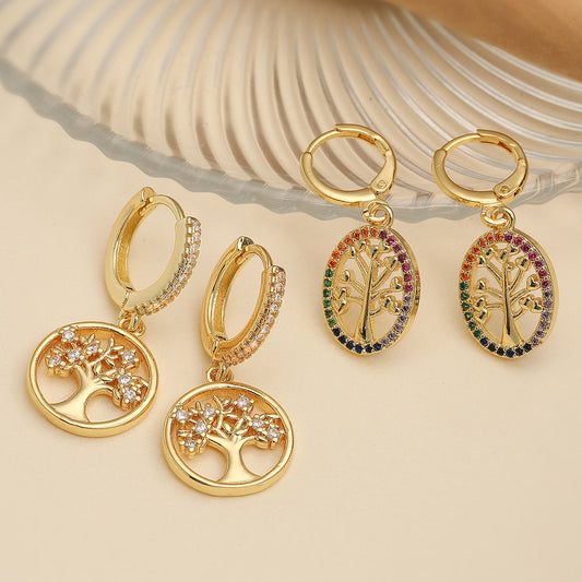 Orecchini da donna geometrici minimalisti a forma di albero in rame placcato oro 18 carati con accenti di zirconi