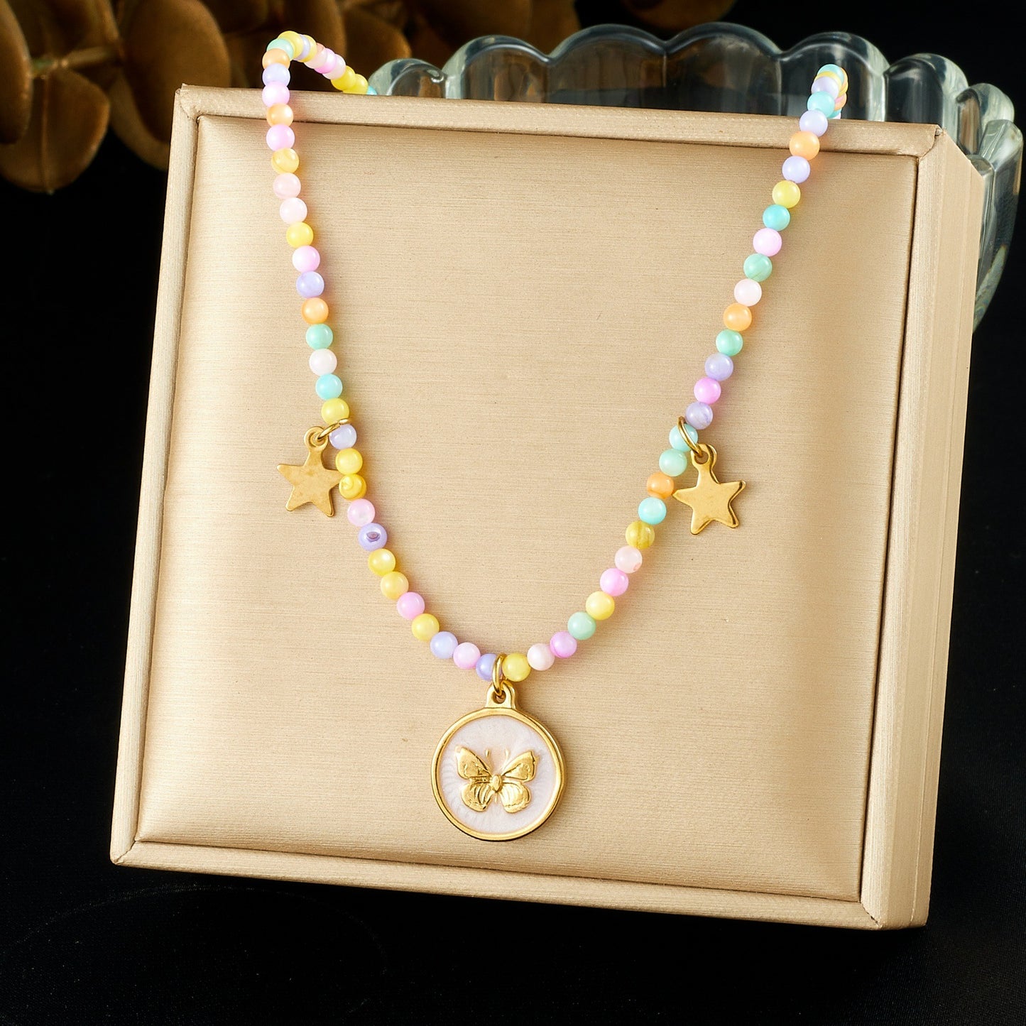 Sweet Bohemian Colorful Drip Oil Butterfly Star Round Stainless Steel Beaded Necklace