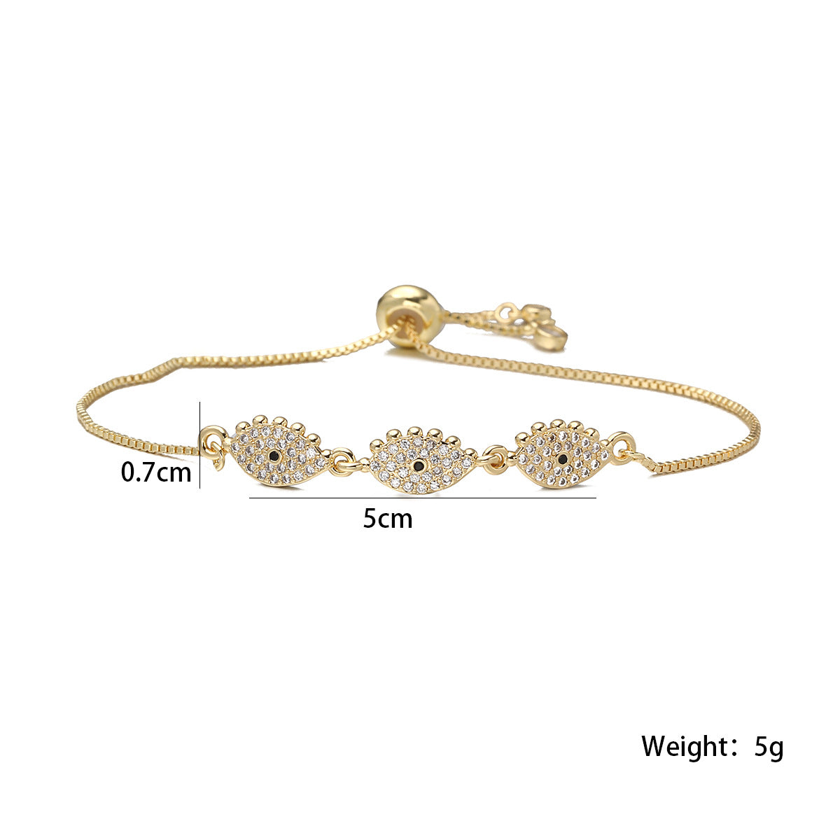Vintage Luxury 18K Gold Plated Brass Geometric Heart Cubic Zirconia Evil Eye Bracelet for Women