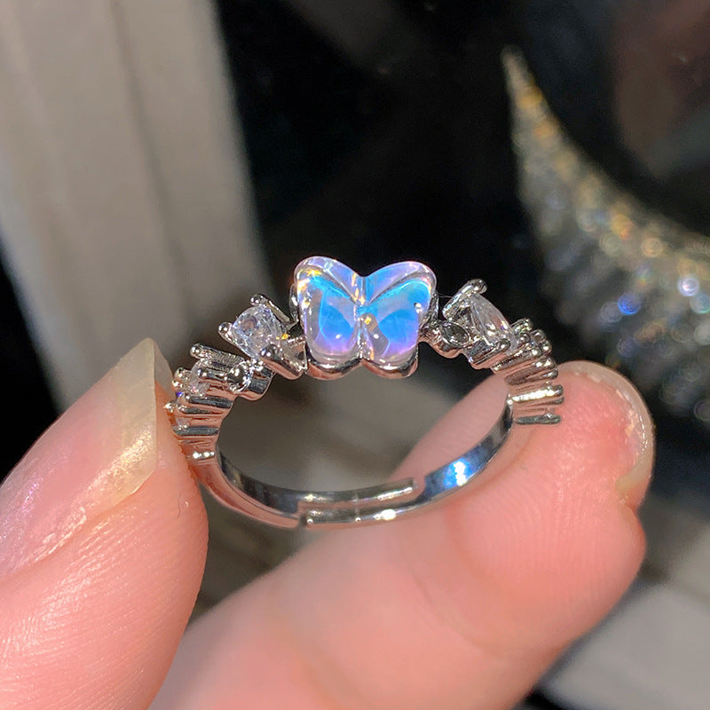 Sweet Elegant Heart Butterfly Brass Ring with Cubic Zirconia Handmade Adjustable