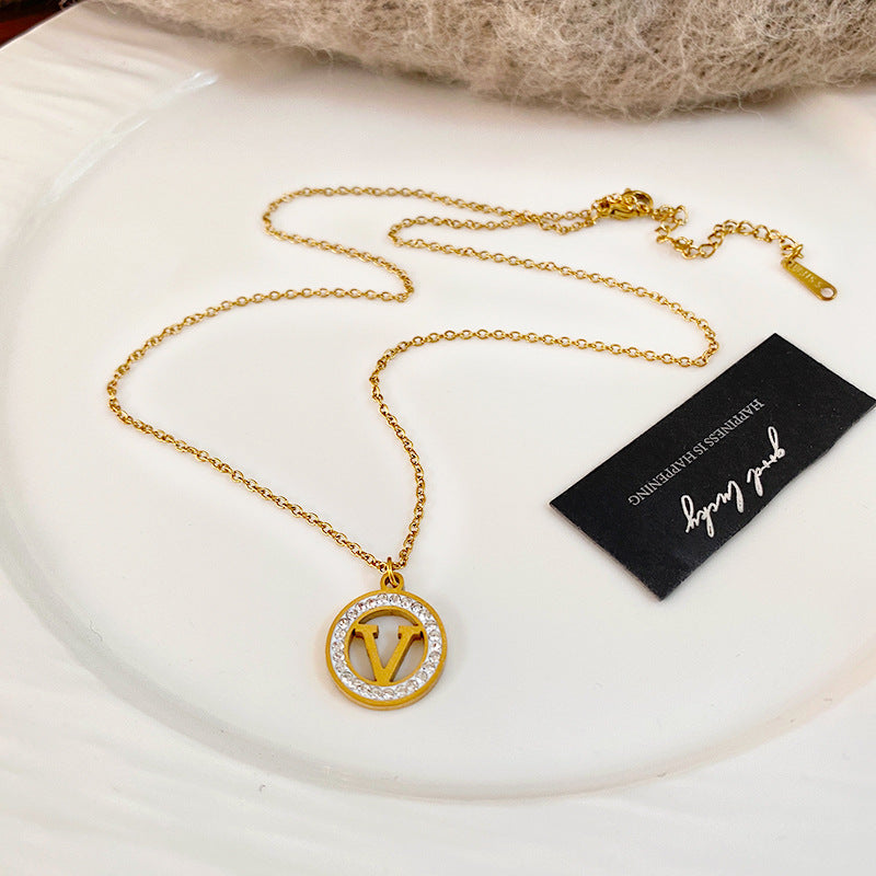 Gold Plated Titanium Steel Micro-Pave Diamond Hollow Round Geometric Necklace and Earring Set