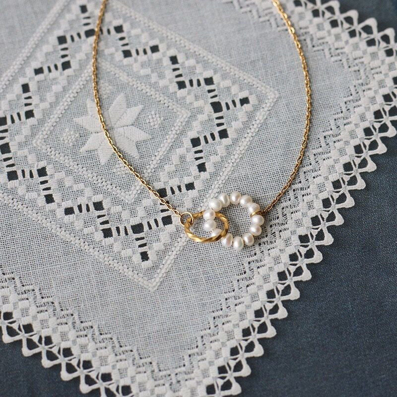 Minimalist Geometric Double Ring Titanium Steel Necklace with Pearl Accents for Women