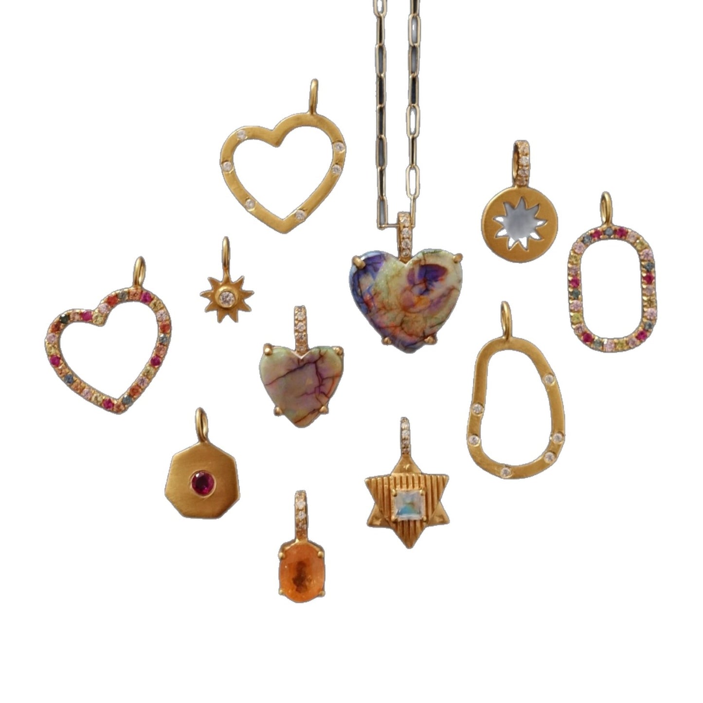 Vintage Geometric Heart 18K Gold Plated Brass Cubic Zirconia Pendant Charm Bar
