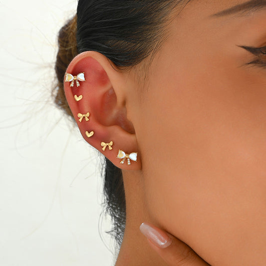 Sweet Minimalist Bow-Shaped Copper Earrings with Zircon Inlay and Stainless Steel Posts for Women