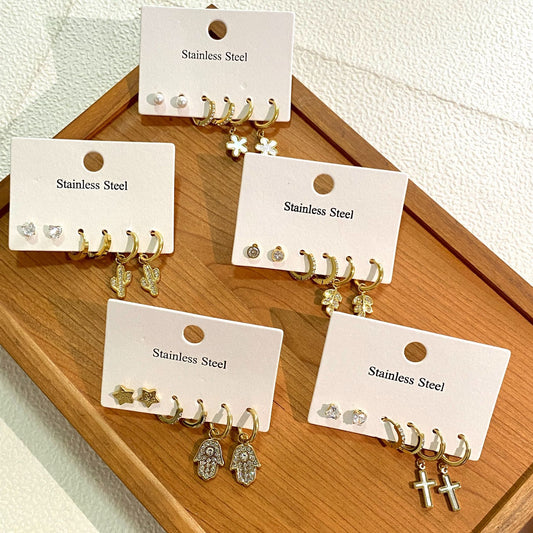 Elegant Stainless Steel Cross Cactus Leaf Rhinestone Stud Earrings for Women