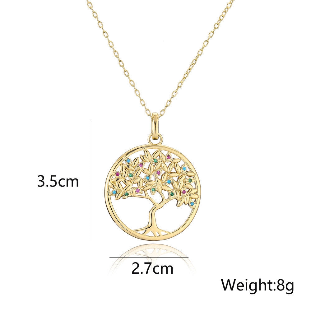 18K Gold Plated Brass Tree of Life Pendant Necklace with Micro-Inlaid Cubic Zirconia for Women