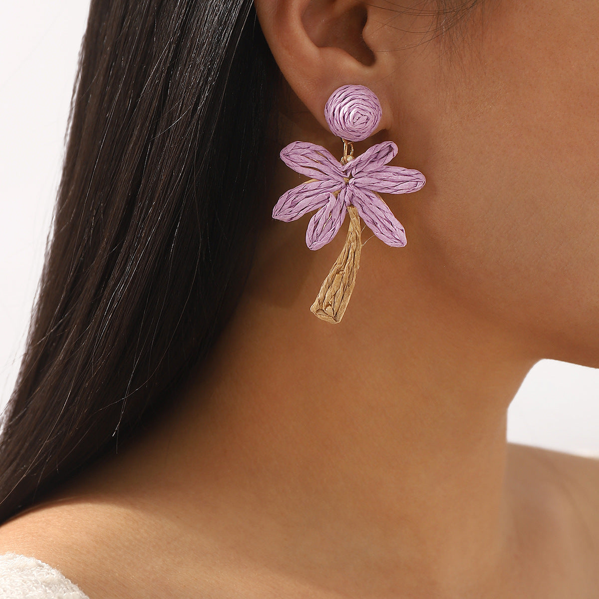 Summer Vacation Style Woven Raffia Coconut Tree Earrings for Women with Alloy Base and Handmade Craftsmanship