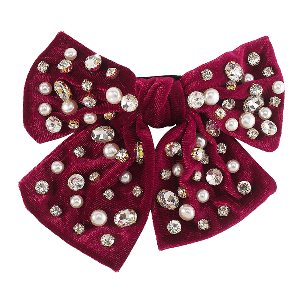 Fermaglio per Capelli Vintage Dolce e Audace con Fiocco, Intarsio di Strass e Dettagli di Perle su Base in Tessuto di Velluto a Coste per Donna