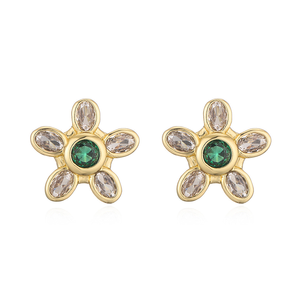 Minimalist 18K Gold Plated Brass Geometric Floral Cubic Zirconia Micro-Inlay Stud Earrings for Women