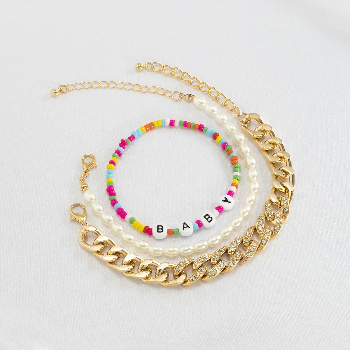 Vintage Bohemian Ethnic Geometric Alloy Plated Cuban Link Chain Bracelet with Imitation Pearl Beads for Women