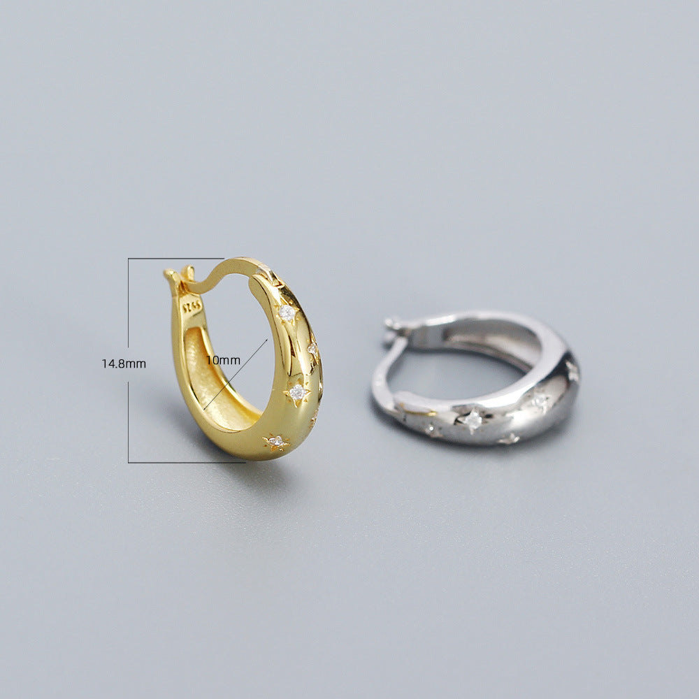 Vintage Minimalist 925 Sterling Silver Polished Round Geometric Hoop Earrings with Cubic Zirconia Inlay