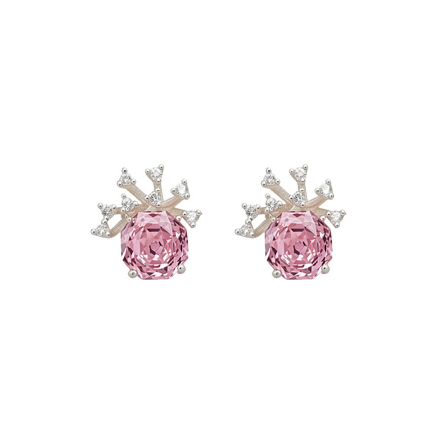 Orecchini a perno da donna a forma di corona con zirconi, placcati in oro rosa, in rame, con design floreale
