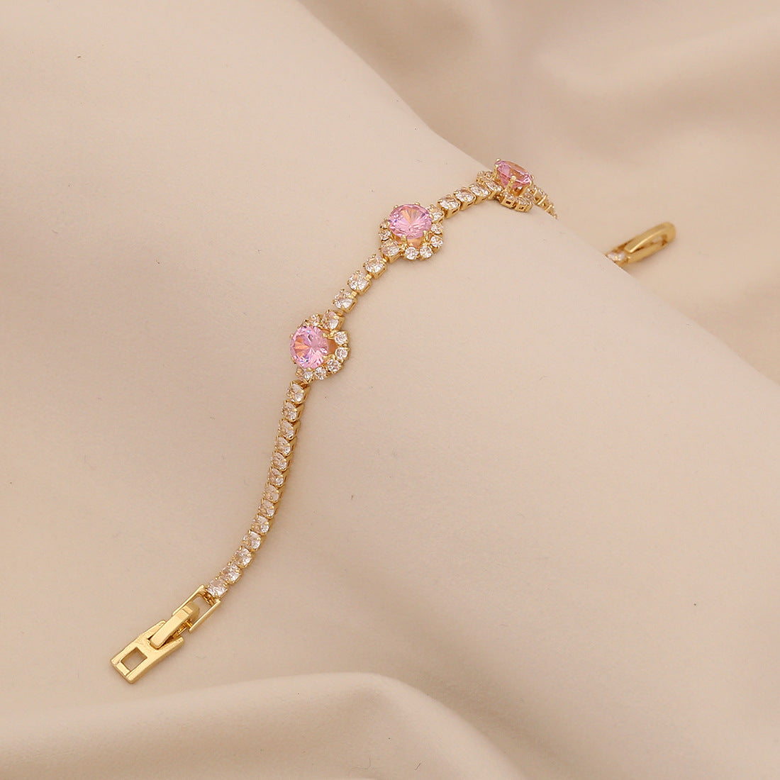 Cute Floral Design Plated Copper Bracelet for Women with Zirconia Stones Minimalist Elegant Hand Jewelry