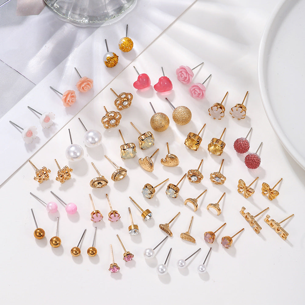 Sweet Natural Geometric Floral Heart Micro-inlay Cubic Zirconia Alloy Earrings Set for Women with Stainless Steel Posts