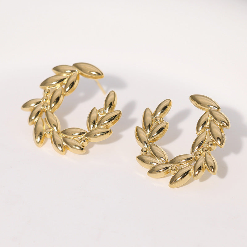Minimalist Leaf and Wheat Ear Studs in Stainless Steel with Plated Finish for Women