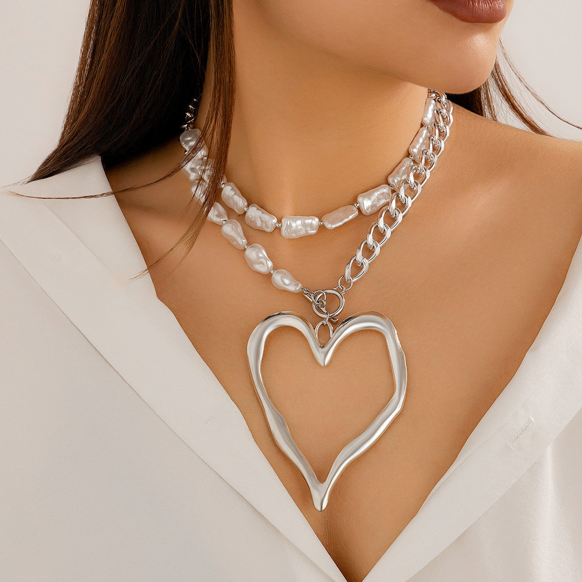 Sweet Punk Exaggerated Double Layer Heart Shape Zinc Alloy Plated Beaded Necklace for Women