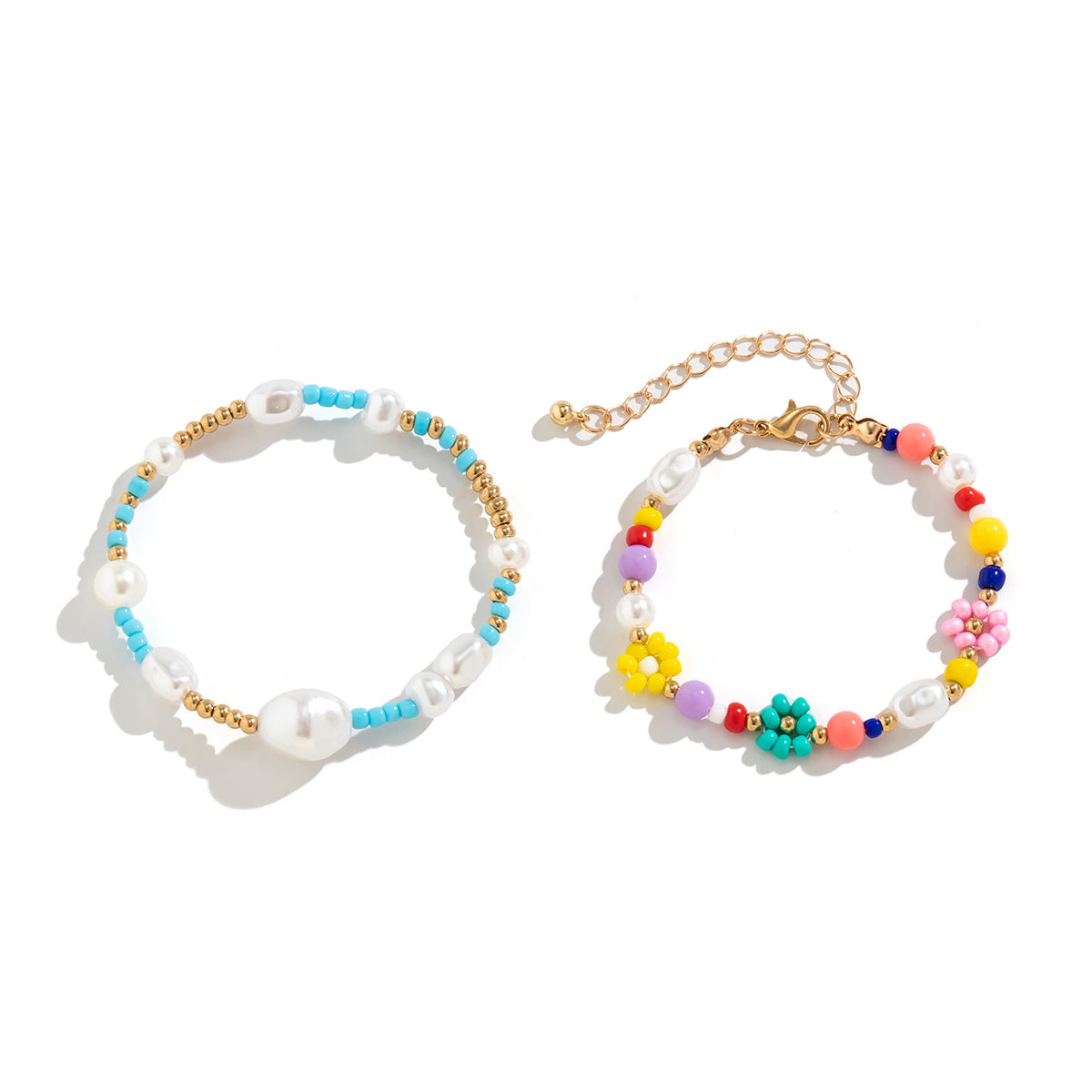 Fresh and Sweet Daisy Embroidered Elastic Bracelet Set for Women with Geometric Beaded Design in Resin Material