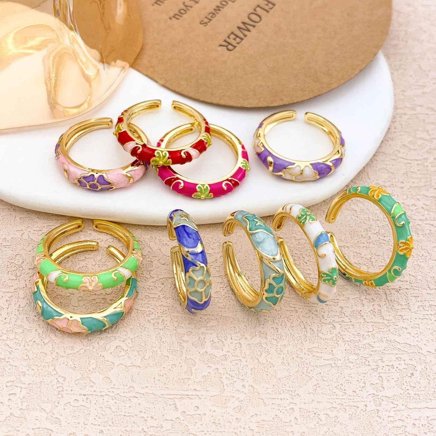 Anello da donna in lega smaltata floreale elegante di lusso
