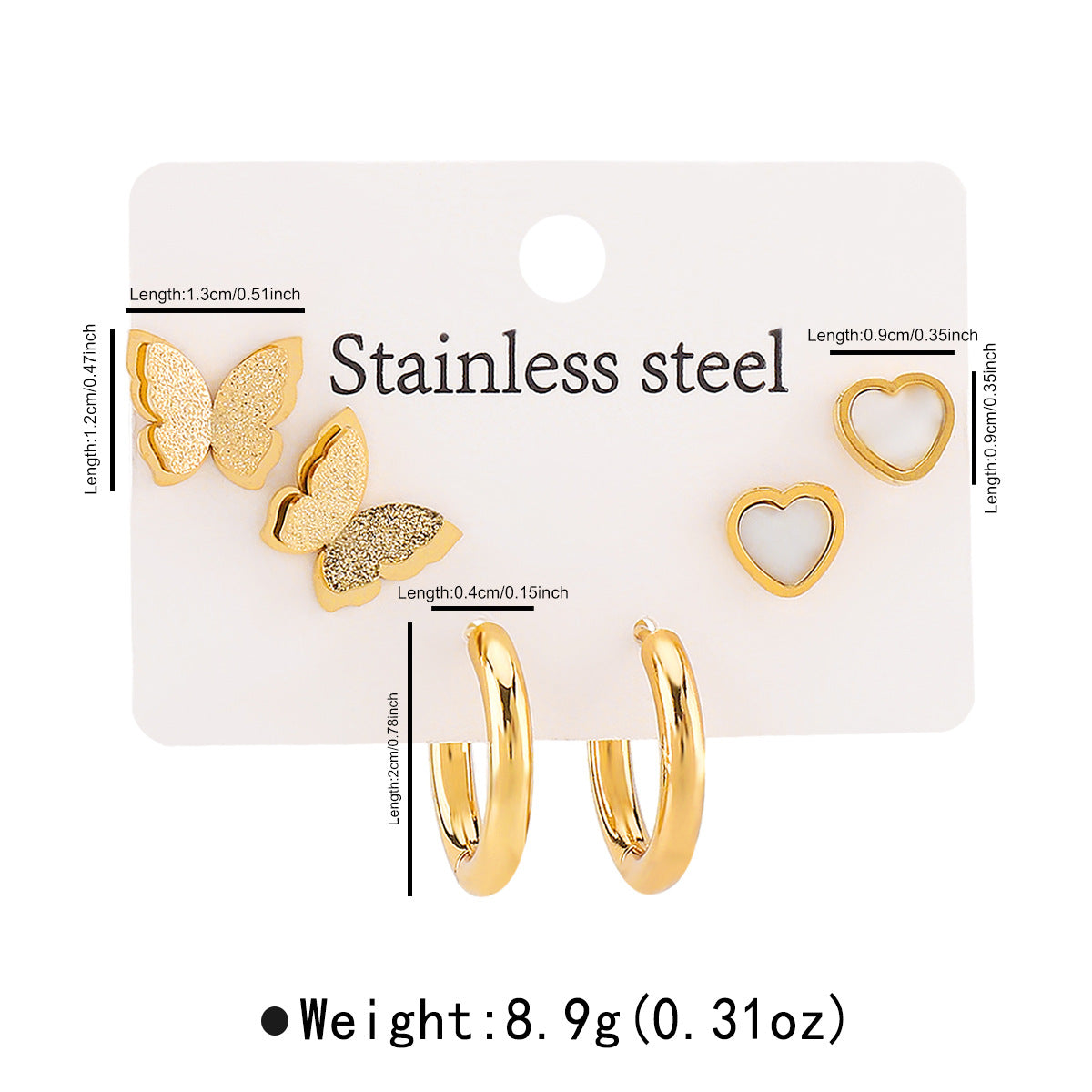 Pendientes minimalistas de acero inoxidable con forma de mariposa y baño de oro de 14 quilates para mujer