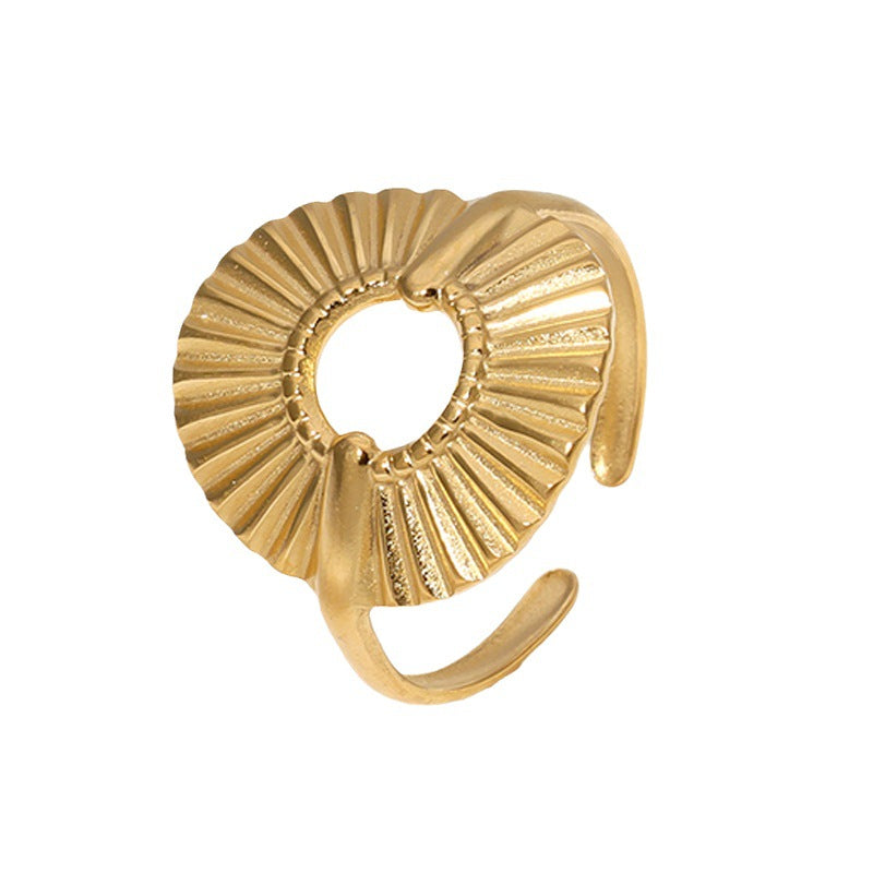 Anello Aperto da Donna in Acciaio Inossidabile con Motivo Geometrico Increspato, Stile Ins, Placcato Oro 18K