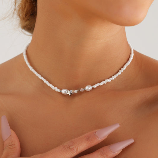 Collar con colgante de estrella bohemia para mujer con cadena de cuentas y diseño geométrico, aleación galvanizada, estilo rústico minimalista