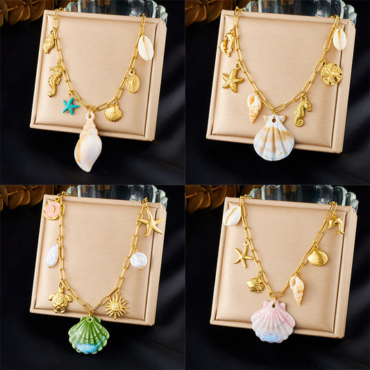 Sweet Stainless Steel Plated Animal Shell Turtle Seahorse Starfish Sun Pendant Necklace with Curb Chain for Women