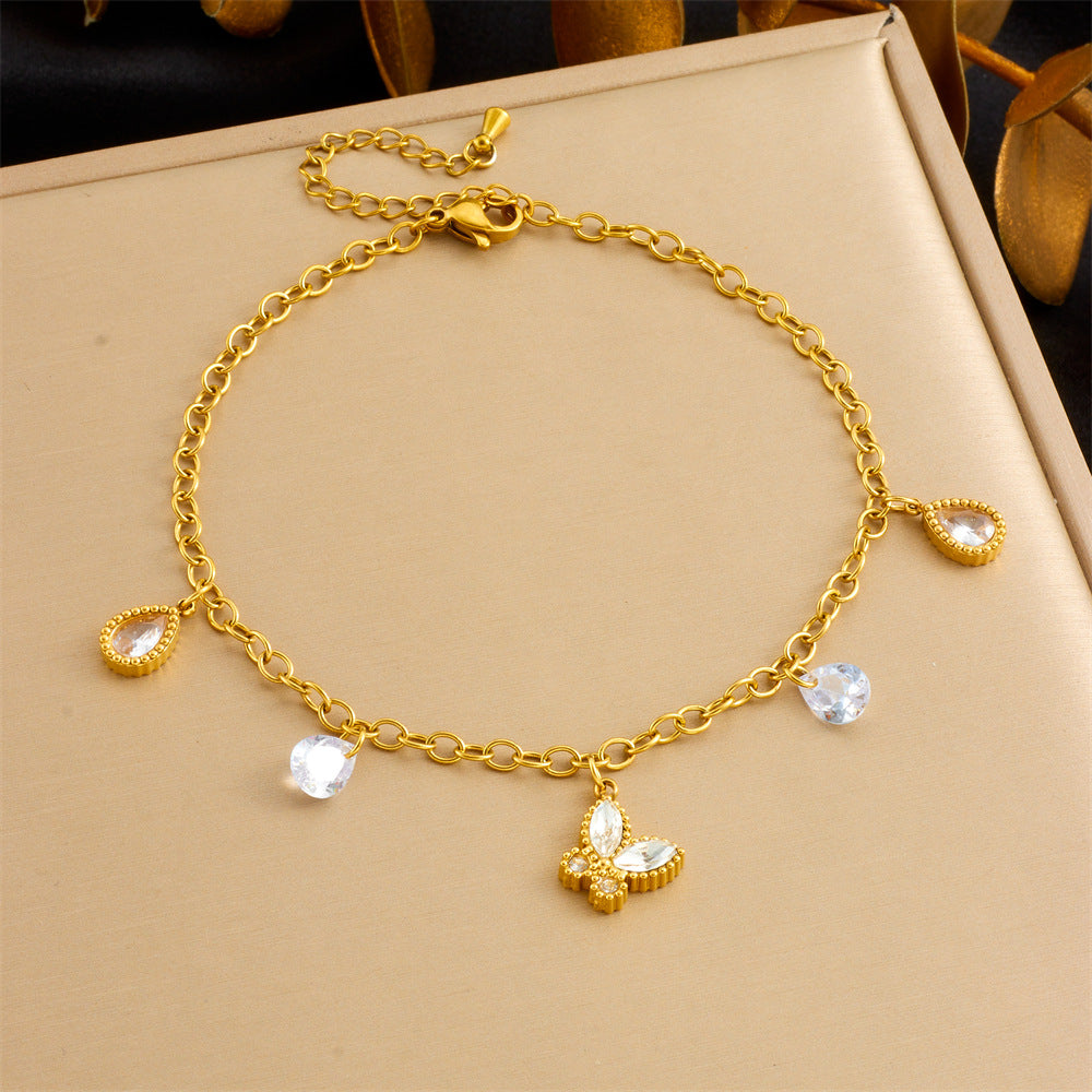 Minimalist Colorful Geometric Glass Rhinestone Butterfly Heart Stainless Steel Anklet